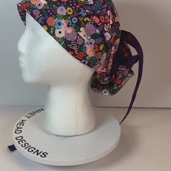 Rifle Paper Co Orchard fabric petite garden party in burgundy scrub cap, purple floral garden party scrub hat