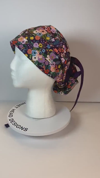 Rifle Paper Co Orchard fabric petite garden party in burgundy scrub cap, purple floral garden party scrub hat