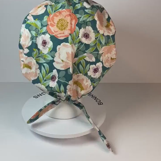 Peach and mint floral tie back pixie scrub cap, women’s summer floral scrub hat, Bonnet Head Designs