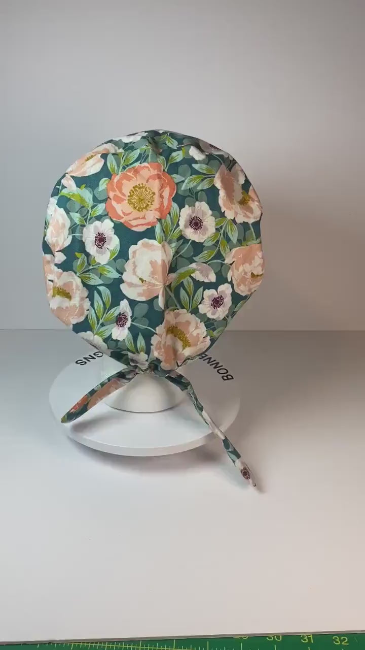 Peach and mint floral tie back pixie scrub cap, women’s summer floral scrub hat, Bonnet Head Designs