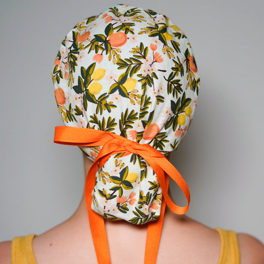 Rifle Paper Co citrus floral fabric ponytail scrub hat, citrus floral scrub cap, Bonnet Head Designs