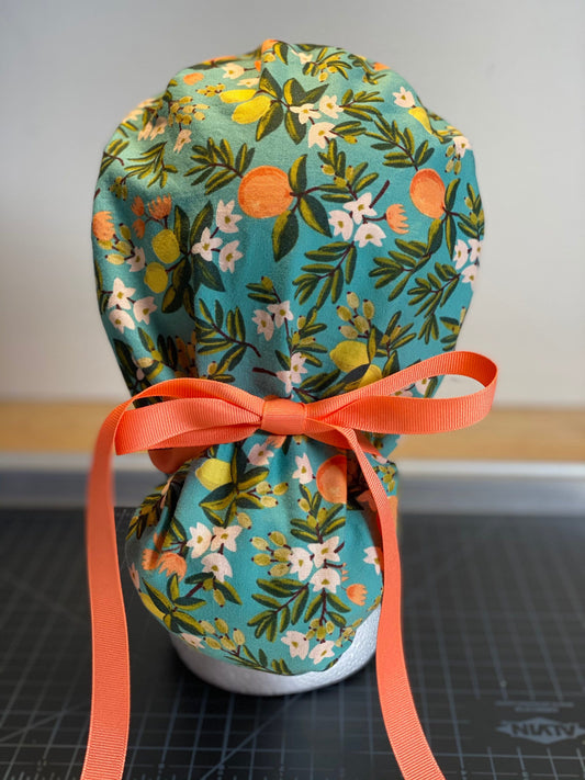 Rifle Paper Co fabric citrus floral ponytail scrub hat, citrus floral scrub cap, Bonnet Head Designs