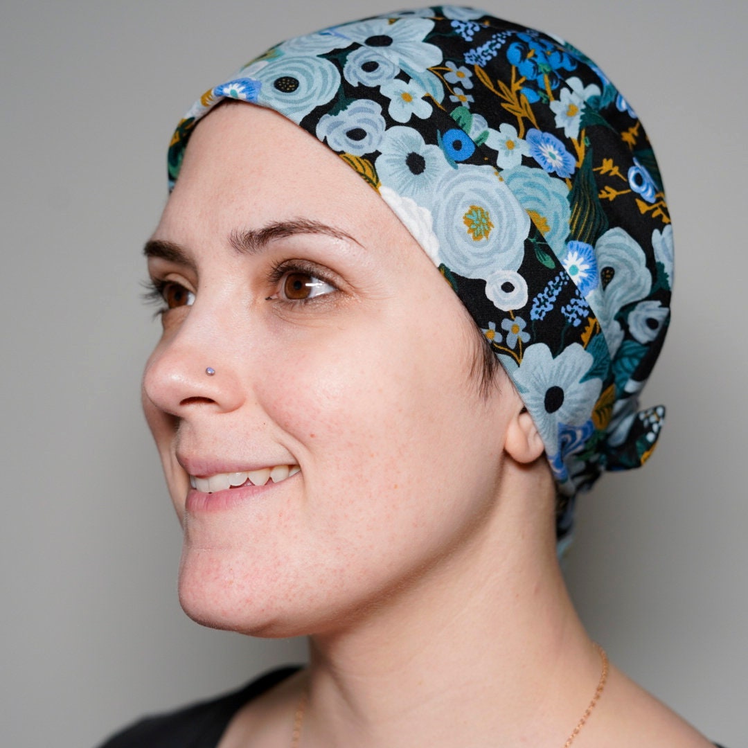 Blue garden party tie back scrub cap