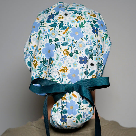 Rifle Paper Wild rose blue scrub hat, blue wild rose ponytail scrub hat, Bonnet Head Designs