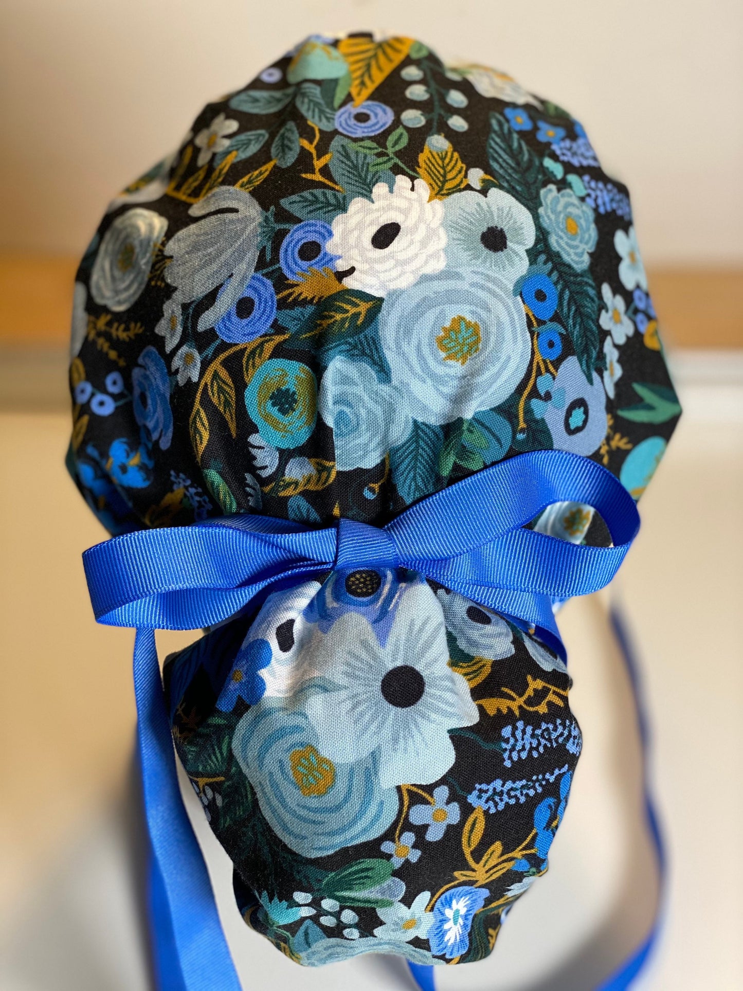 Rifle paper navy floral scrub hat, blue garden party surgical hat, Bonnet Head Designs