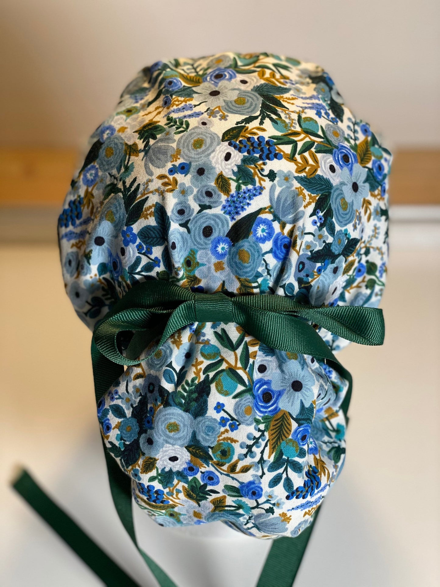 Petite blue floral garden party ponytail scrub hat