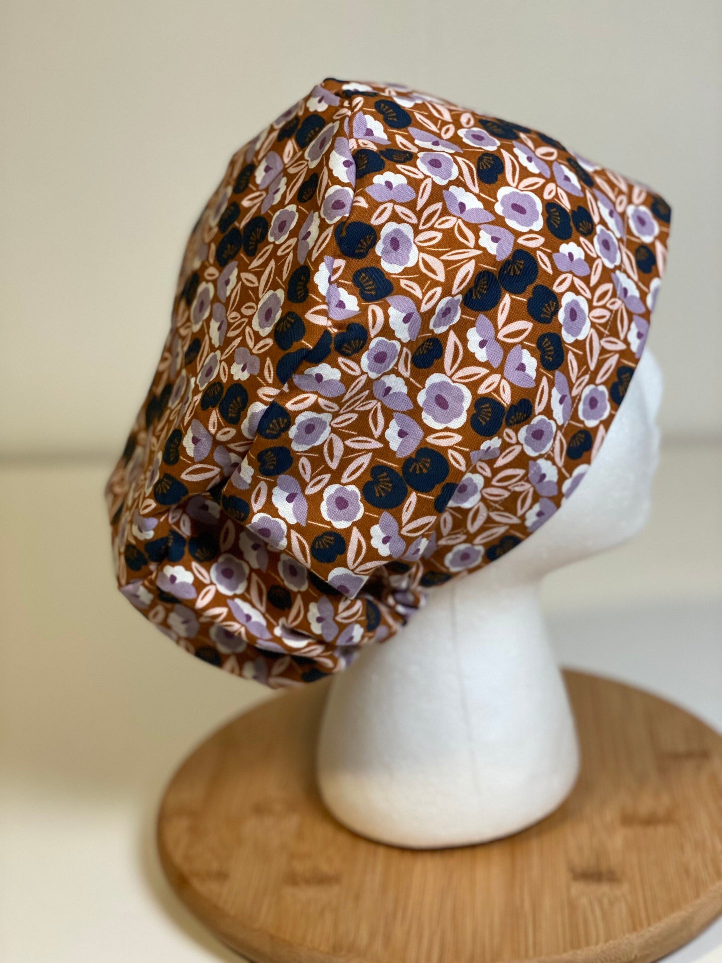 Rust and navy euro floral scrub cap, navy euro floral scrub hat, toggle scrub cap, fall scrub hat, Bonnet Head Designs