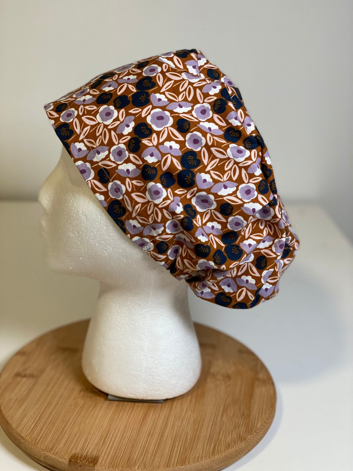 Rust and navy euro floral scrub cap, navy euro floral scrub hat, toggle scrub cap, fall scrub hat, Bonnet Head Designs