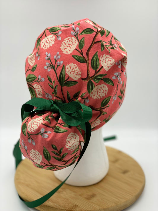 Pink peony floral ponytail scrub cap