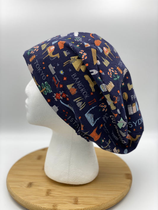 World traveler euro scrub cap, euro scrub cap rifle paper co fabric, Bon Voyage navy scrub cap, Bonnet Head Designs