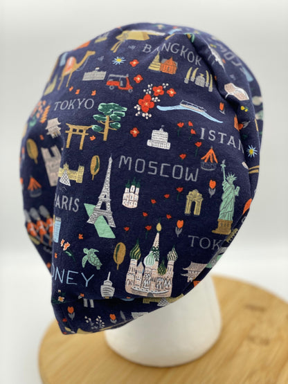 World traveler euro scrub cap, euro scrub cap rifle paper co fabric, Bon Voyage navy scrub cap, Bonnet Head Designs