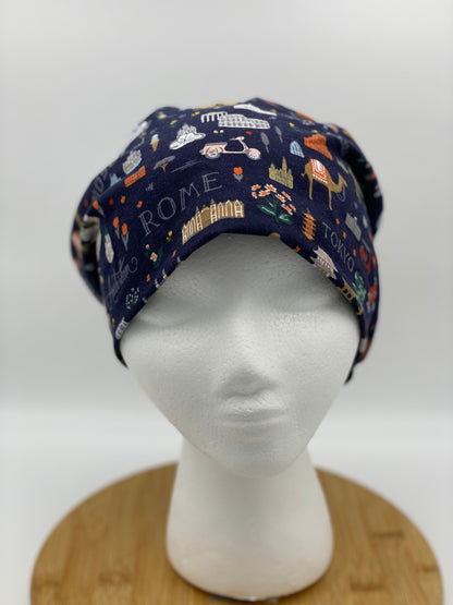 World traveler euro scrub cap, euro scrub cap rifle paper co fabric, Bon Voyage navy scrub cap, Bonnet Head Designs