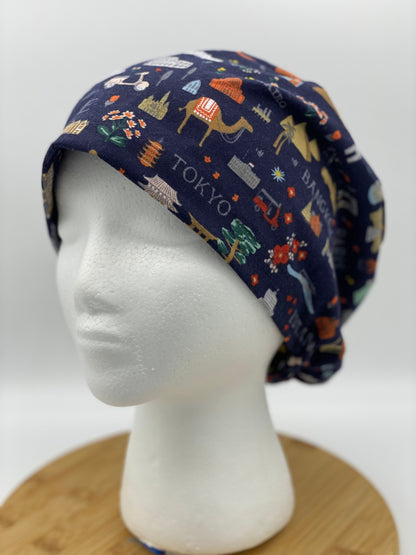 World traveler euro scrub cap, euro scrub cap rifle paper co fabric, Bon Voyage navy scrub cap, Bonnet Head Designs