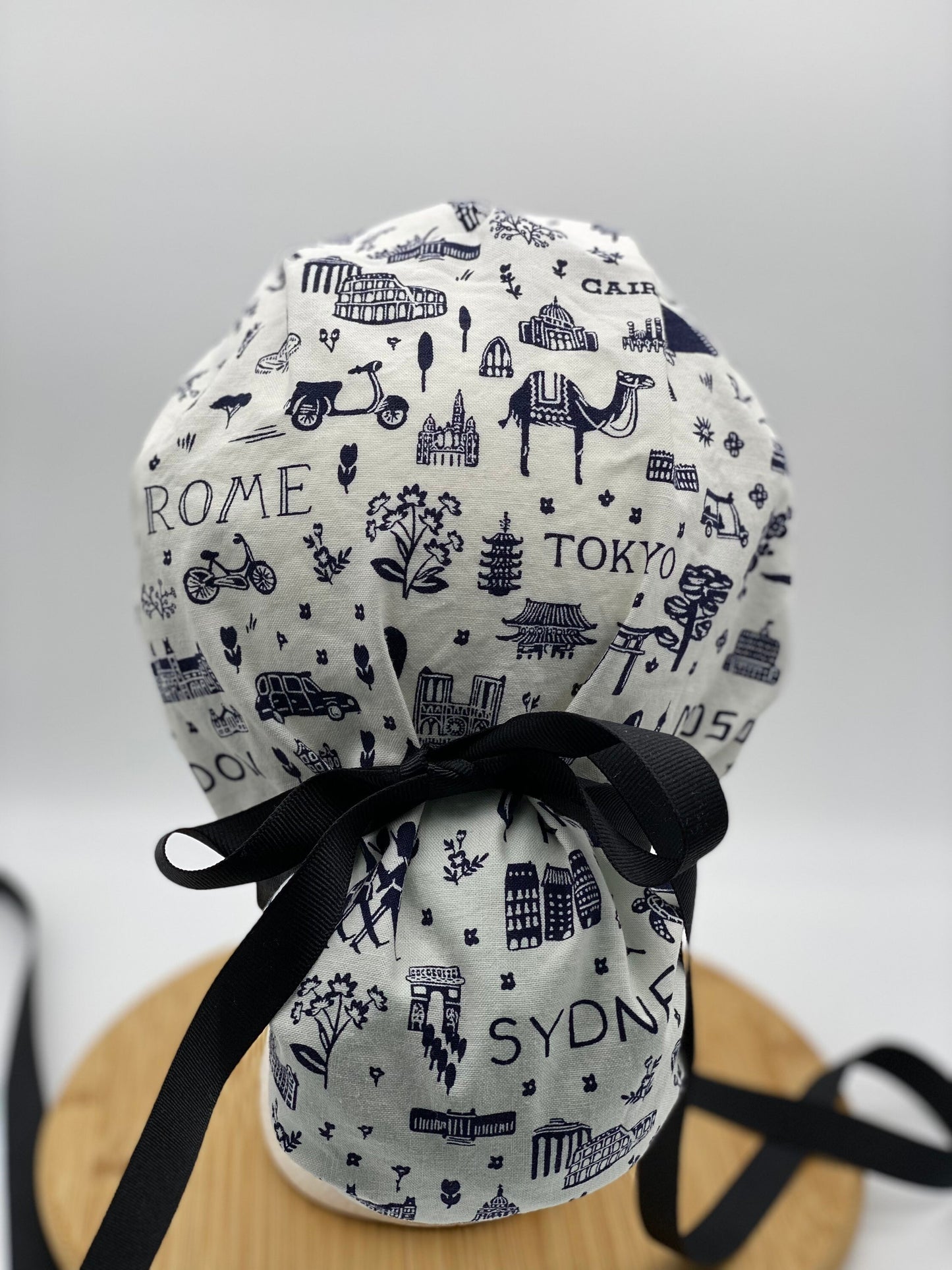 Navy and white traveler ponytail scrub cap