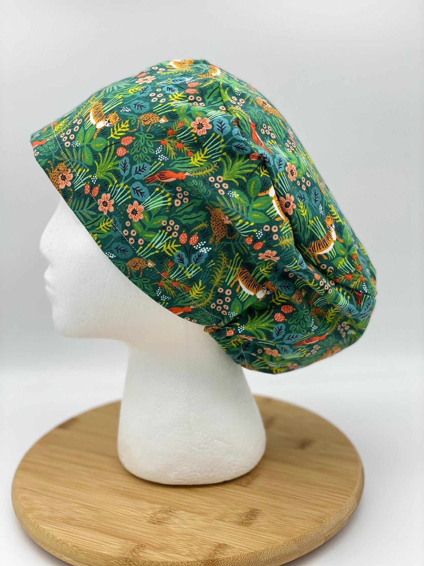 Rifle Paper jungle euro scrub hat, tiger scrub cap euro, scrub hat euro green jungle, Bonnet Head Designs