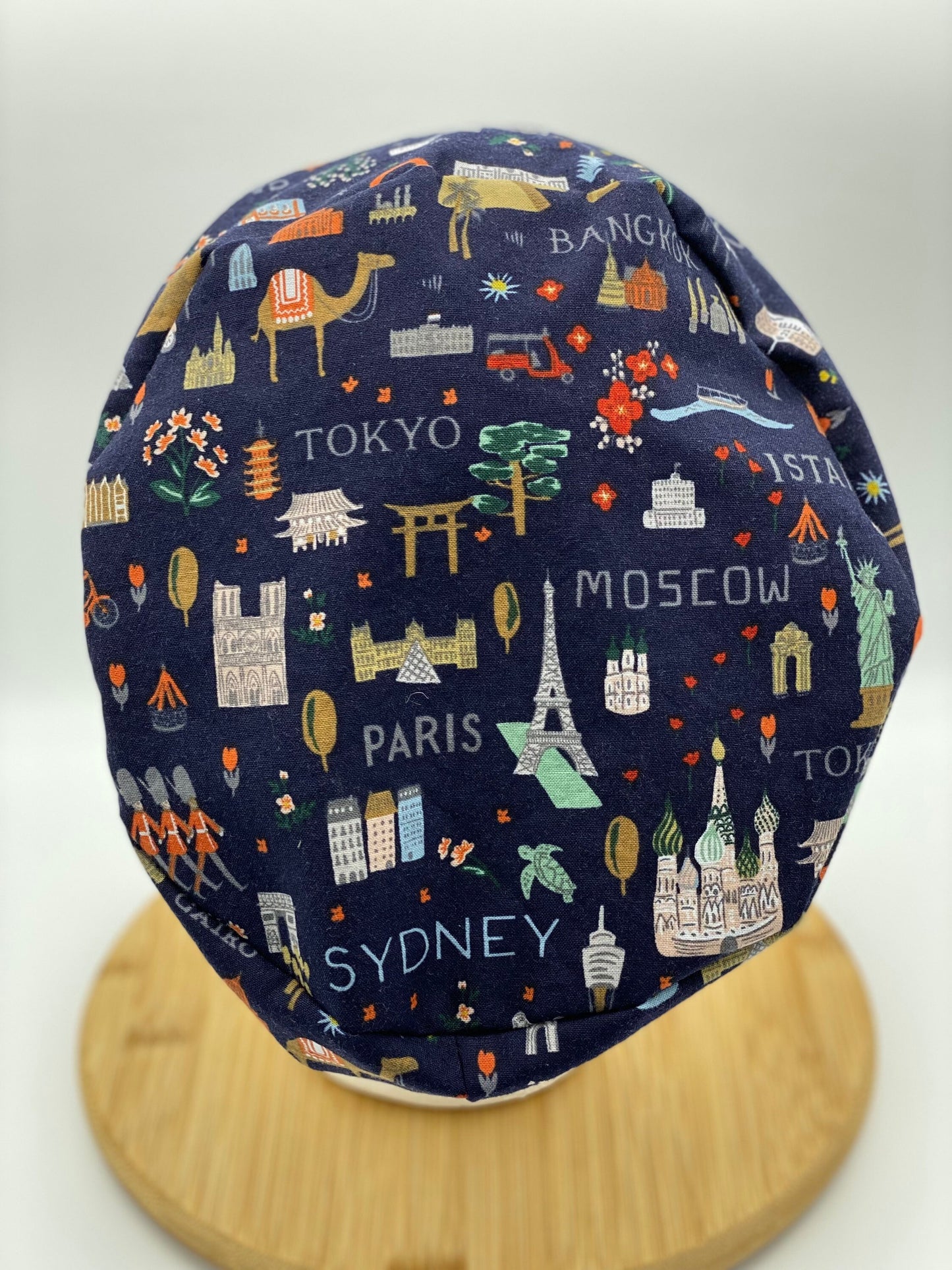 World traveler euro scrub cap, euro scrub cap rifle paper co fabric, Bon Voyage navy scrub cap, Bonnet Head Designs