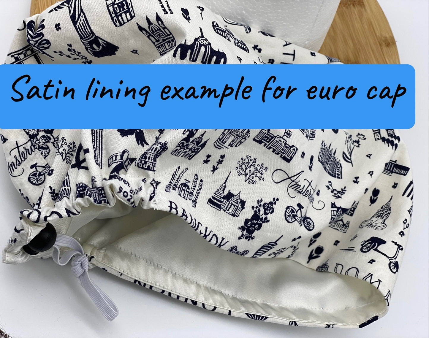 World traveler euro scrub cap, euro scrub cap rifle paper co fabric, Bon Voyage white scrub cap, Bonnet Head Designs