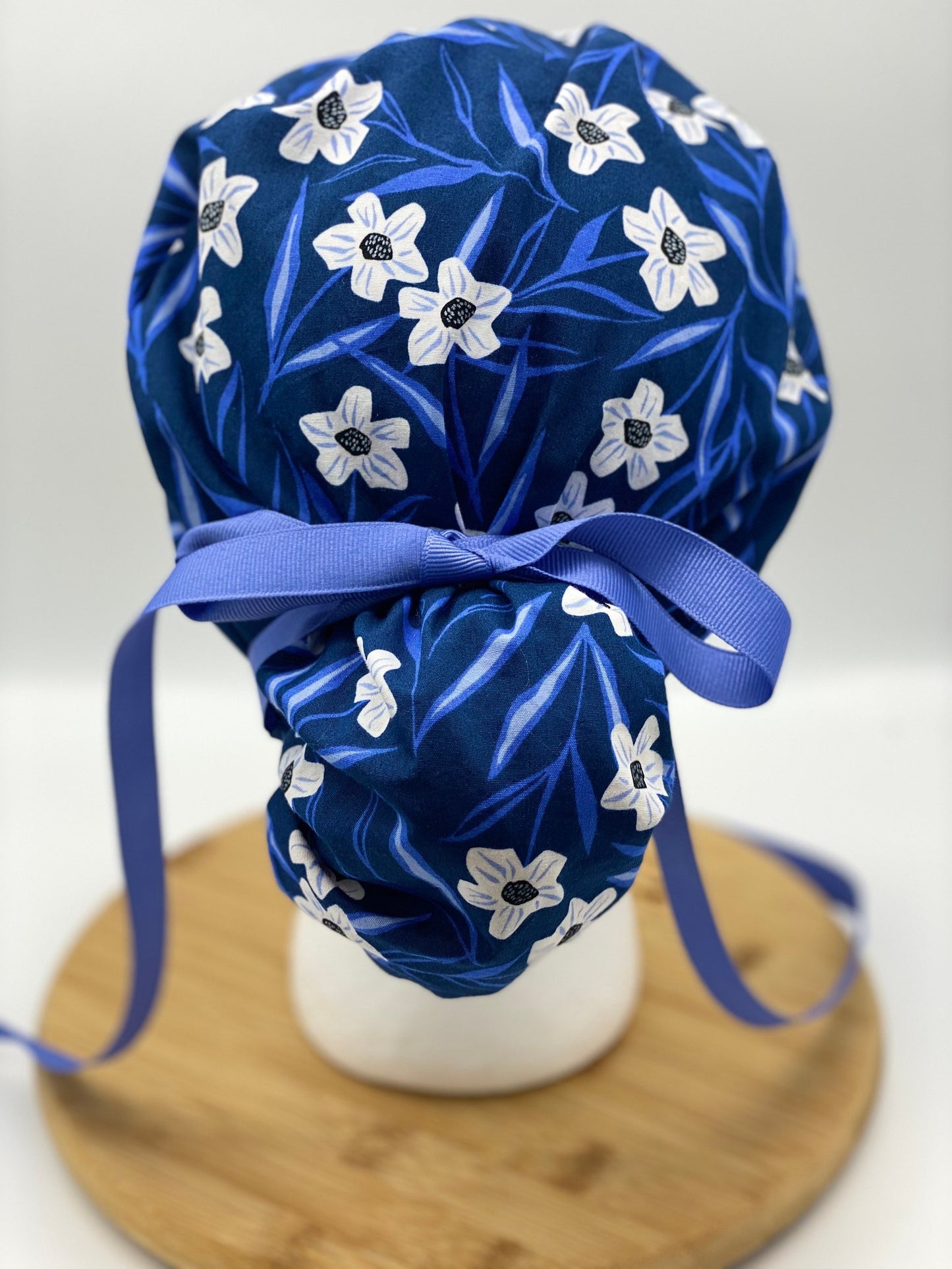 Blue and white floral scrub cap