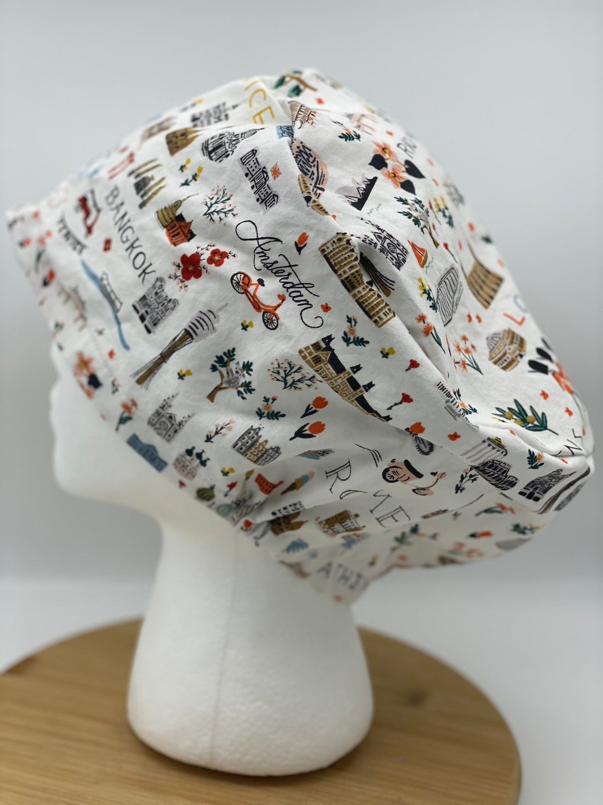 World traveler euro scrub cap, euro scrub cap rifle paper co fabric, Bon Voyage white scrub cap, Bonnet Head Designs