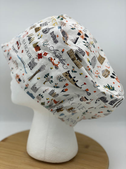 World traveler euro scrub cap, euro scrub cap rifle paper co fabric, Bon Voyage white scrub cap, Bonnet Head Designs