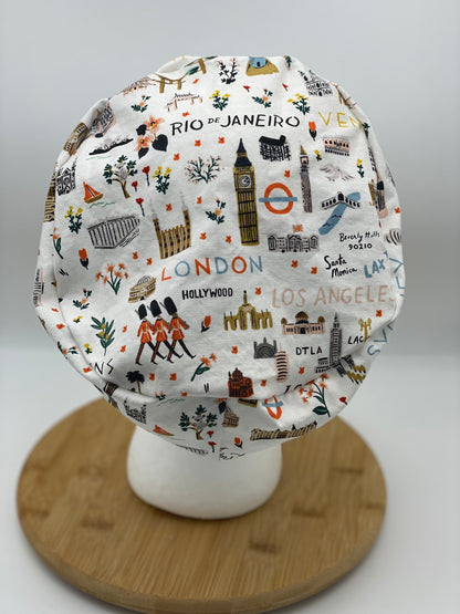 World traveler euro scrub cap, euro scrub cap rifle paper co fabric, Bon Voyage white scrub cap, Bonnet Head Designs