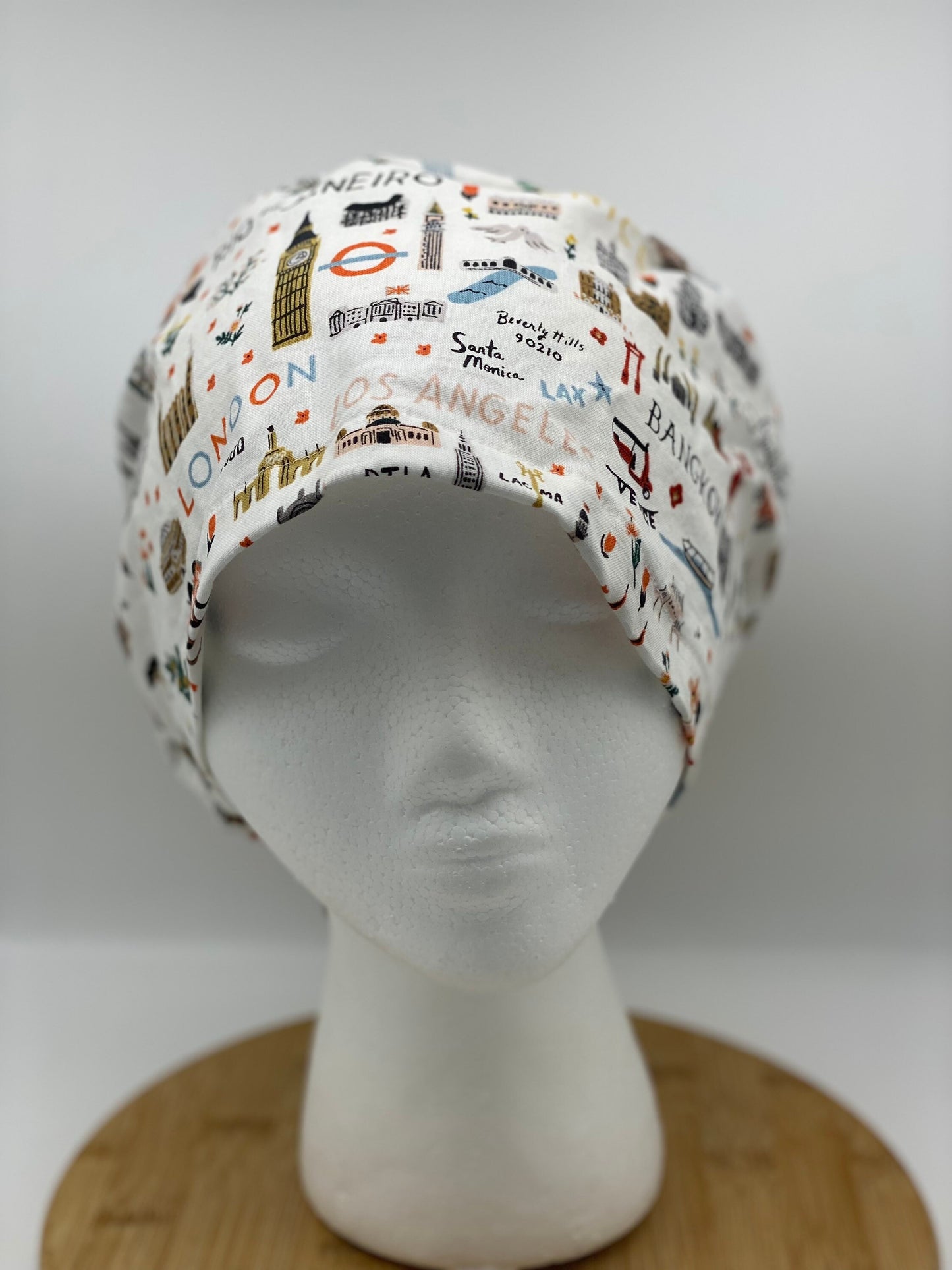 World traveler euro scrub cap, euro scrub cap rifle paper co fabric, Bon Voyage white scrub cap, Bonnet Head Designs