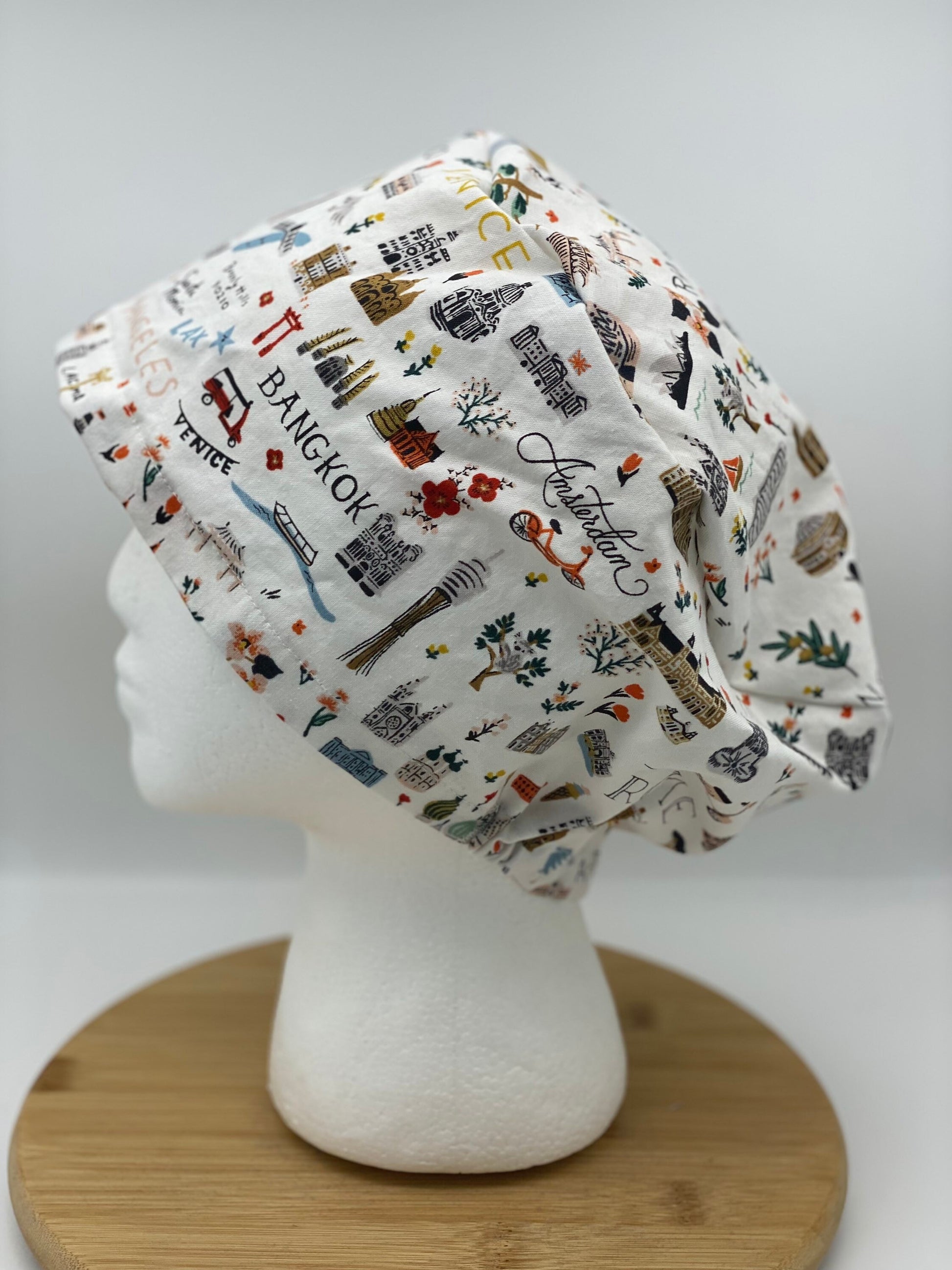 World traveler euro scrub cap, euro scrub cap rifle paper co fabric, Bon Voyage white scrub cap, Bonnet Head Designs