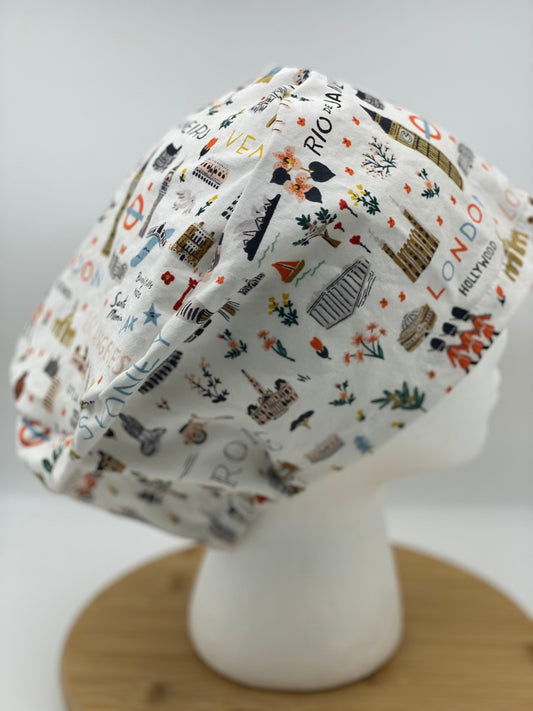World traveler euro scrub cap, euro scrub cap rifle paper co fabric, Bon Voyage white scrub cap, Bonnet Head Designs