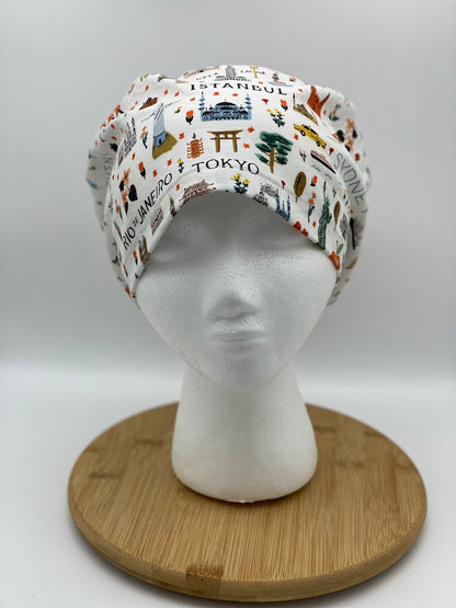 Traveler euro style scrub cap, euro scrub cap rifle paper co fabric, Bon Voyage scrub cap, Bonnet Head Designs