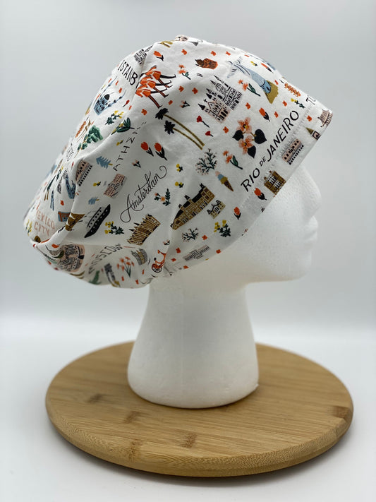 Traveler euro style scrub cap, euro scrub cap rifle paper co fabric, Bon Voyage scrub cap, Bonnet Head Designs