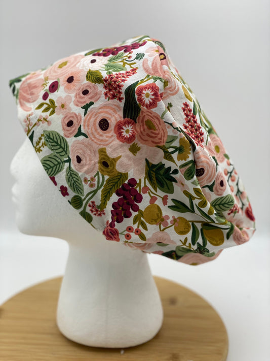 Pink garden party euro style scrub cap