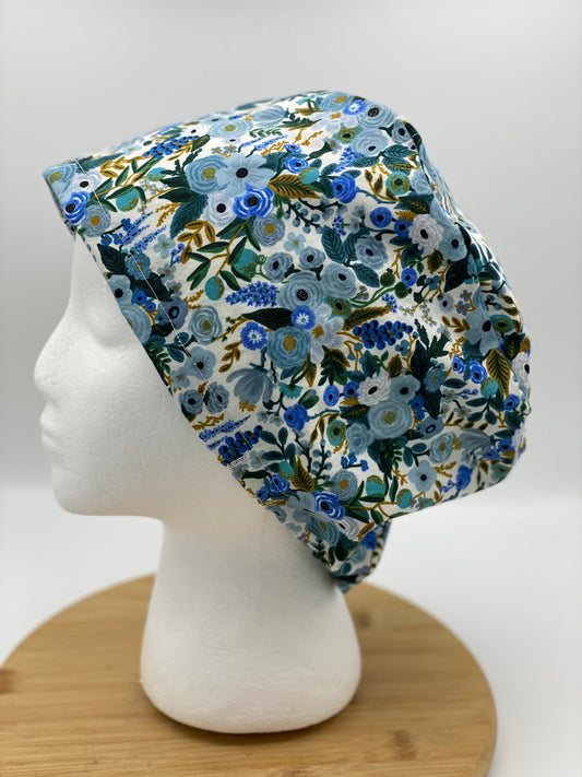 Petite blue garden party euro style scrub cap