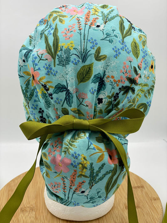 Rifle Paper Co. teal floral ponytail scrub hat, Amalfi herb garden scrub cap, Bonnet Head Designs