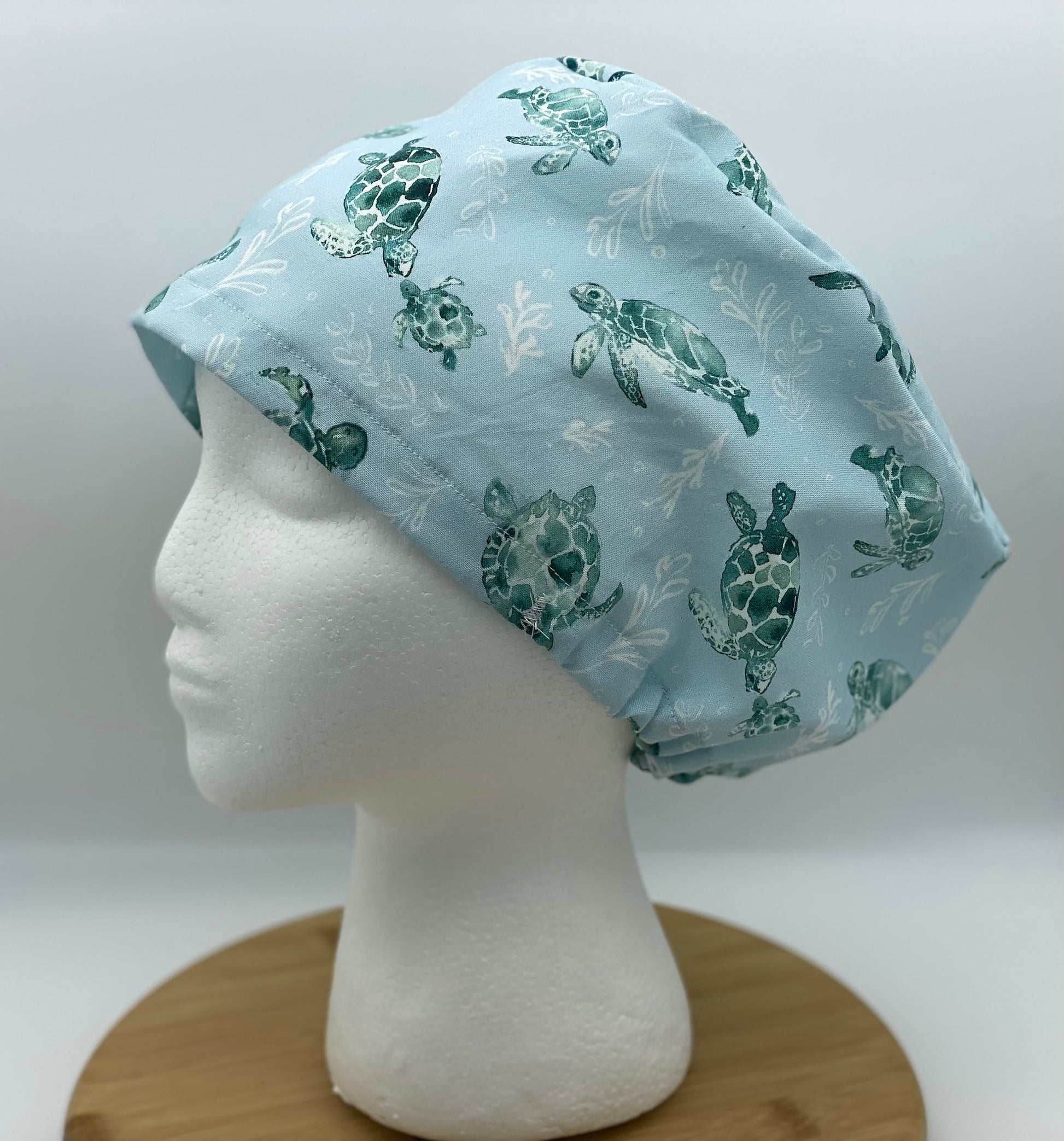 Sea turtle print euro scrub cap, women’s euro style scrub cap sea turtles, Bonnet Head Designs