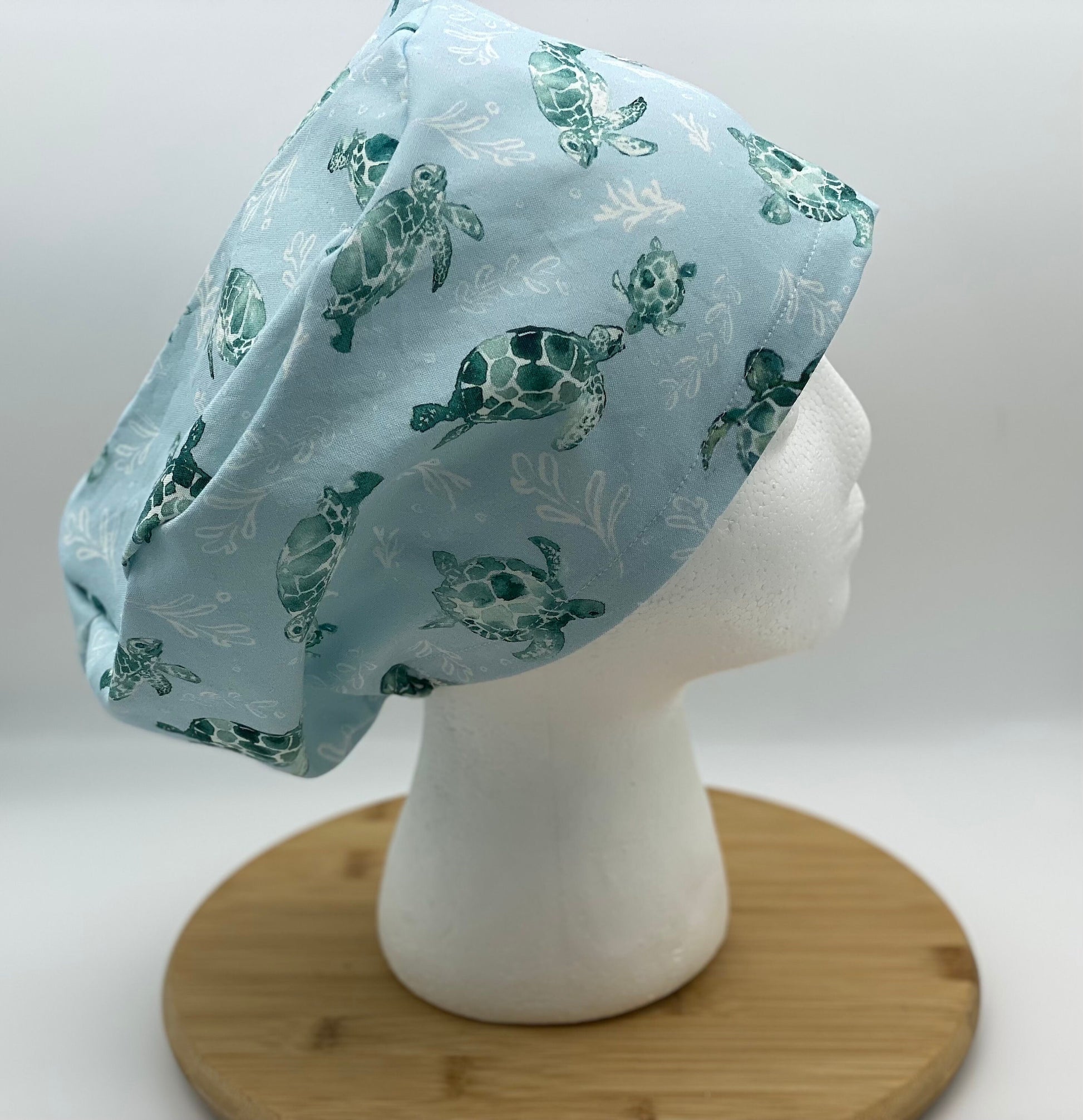 Sea turtle print euro scrub cap, women’s euro style scrub cap sea turtles, Bonnet Head Designs