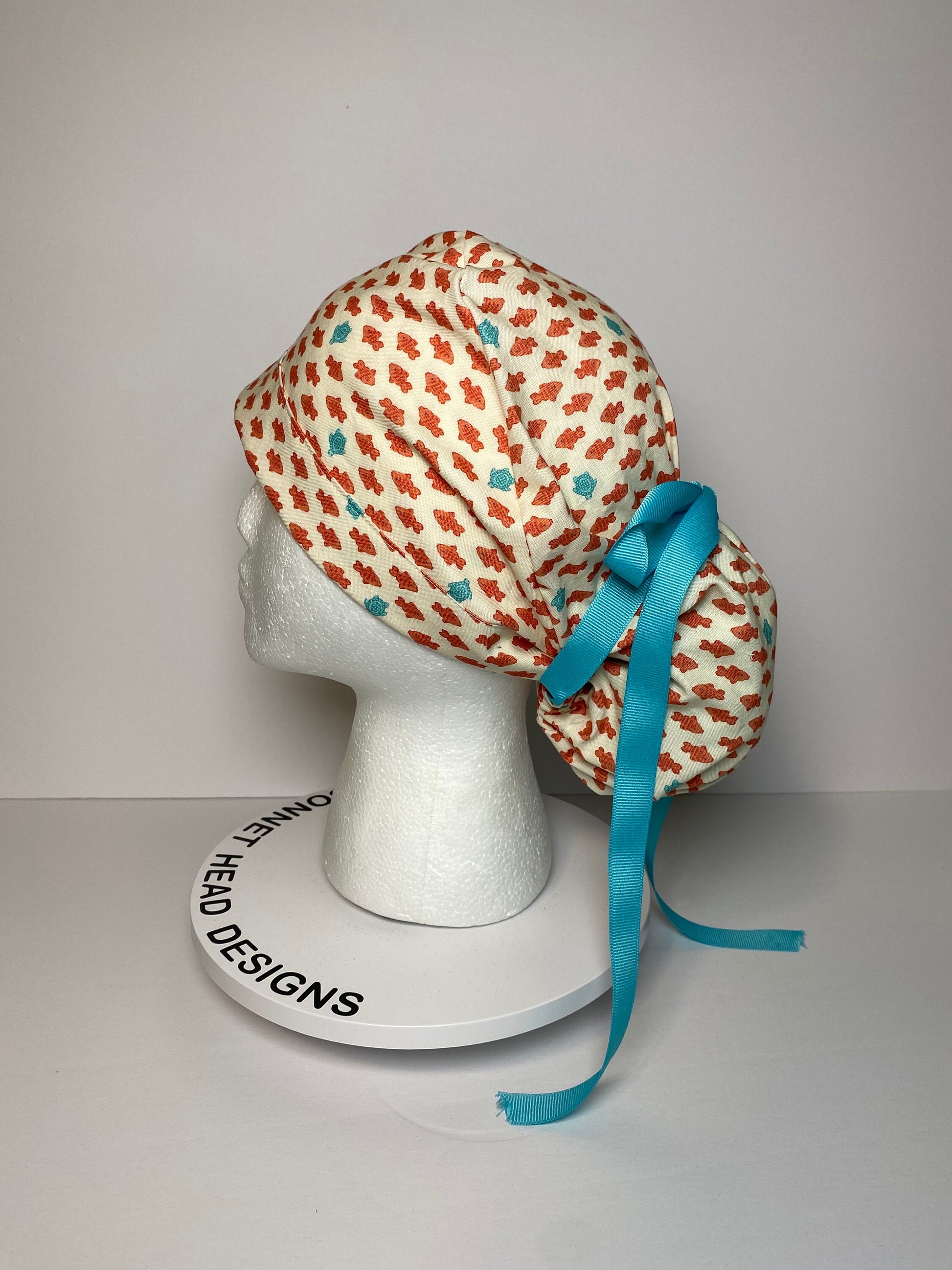 Sea turtle and fish ponytail scrub cap, women’s scrub cap sea turtles, Bonnet Head Designs