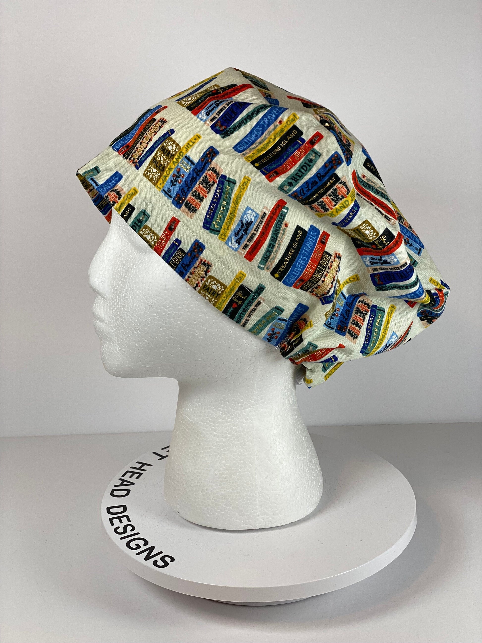 Cream Book club euro scrub cap, women’s book lovers scrub cap euro style , Bonnet Head Designs